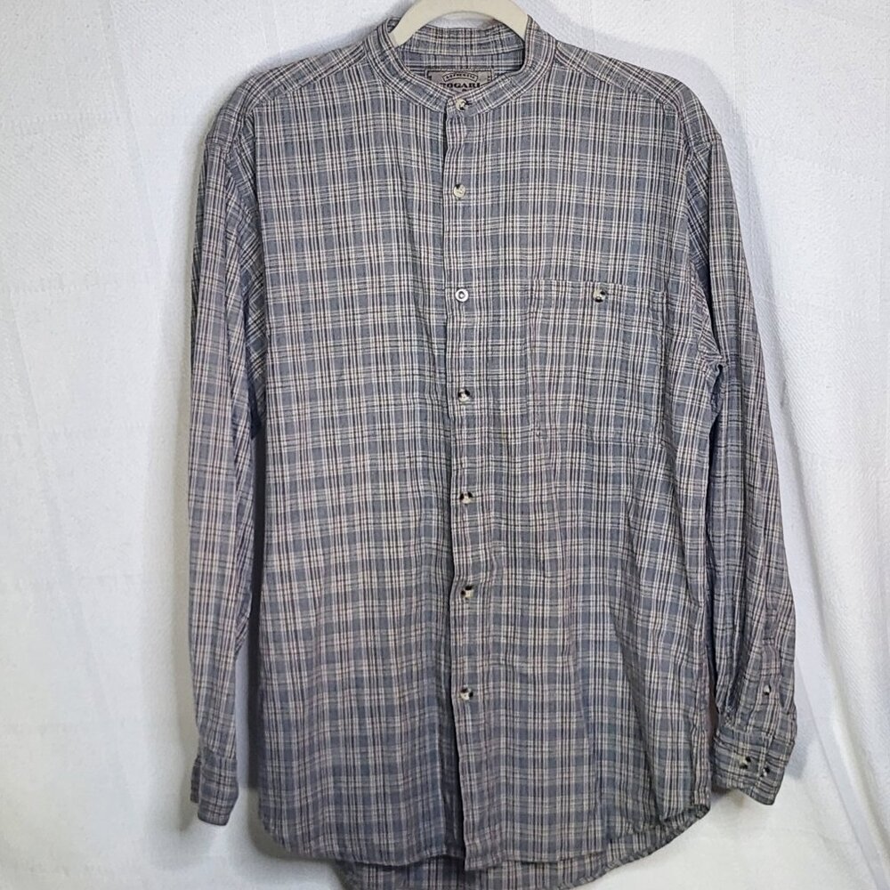 Bogari Studio Gray Brown Check LS Cotton Band Collar Waffle Weave Shirt Size M